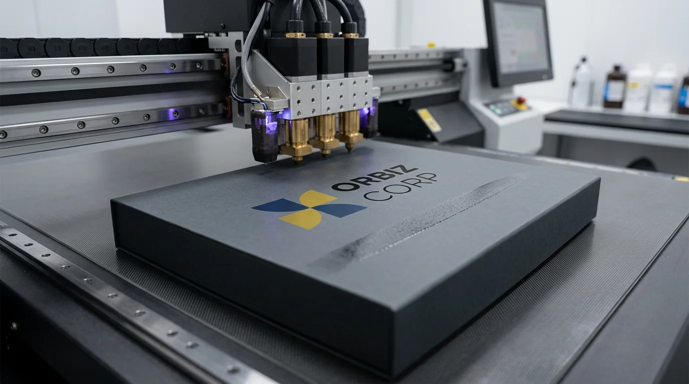 Orbiz Corp gift box being printed by a flatbed UV printer